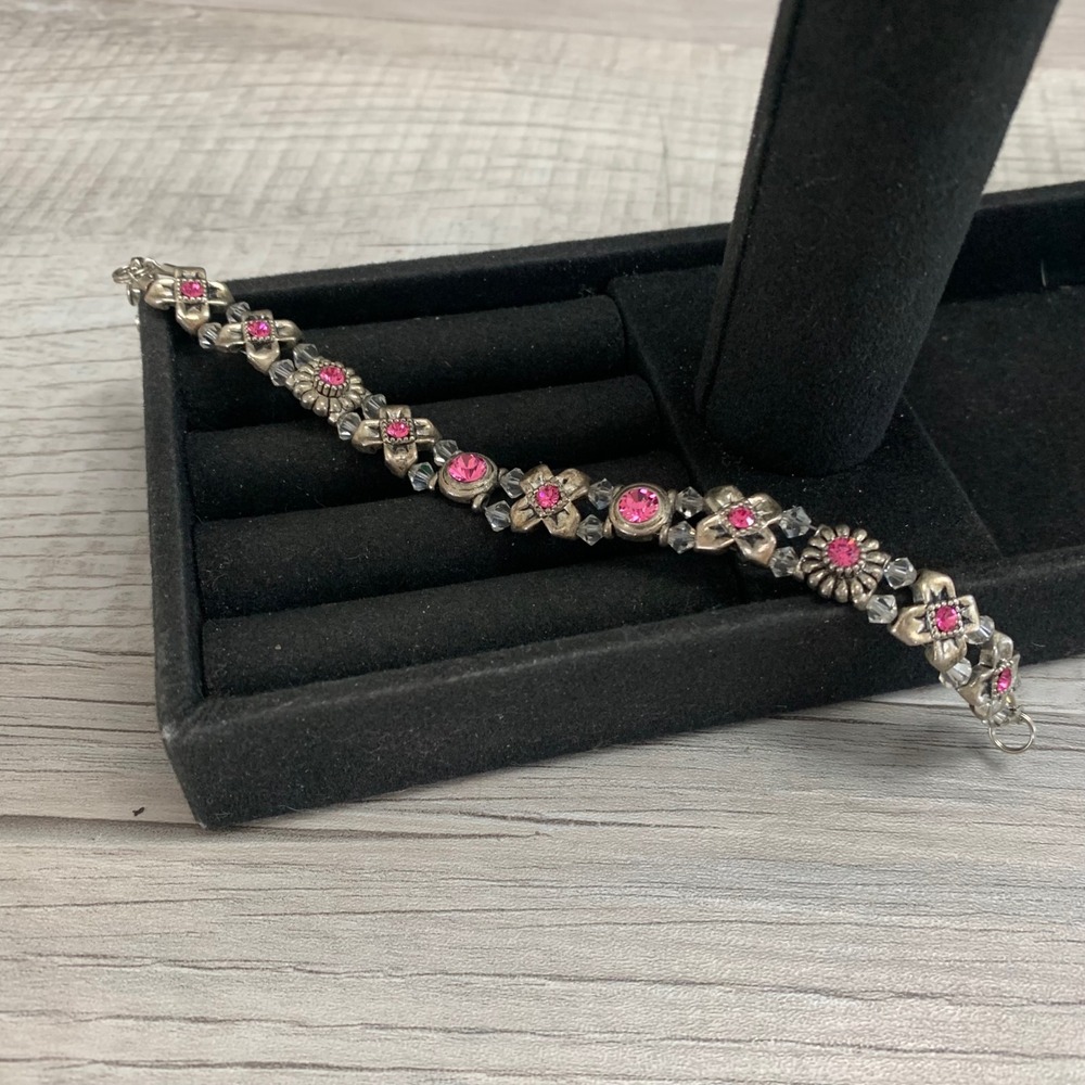 Vintage Style Pink Rhinestone Silver Tone Floral Crystal Link Bracelet 6 Inch